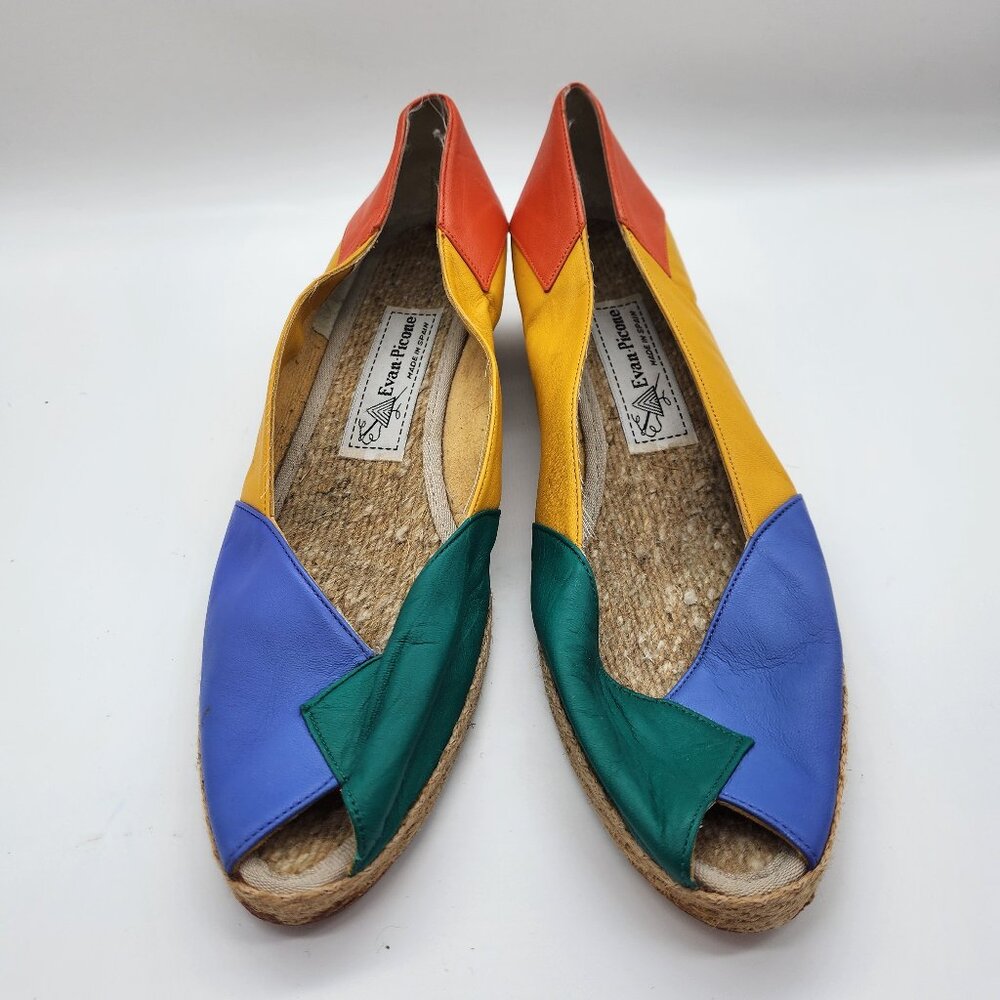 Evan-Picone Women's Espadrille Peep-Toe Wedges Multi-Color Leather Size 9 Spain